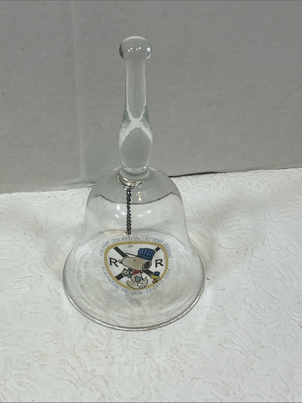 Clear 2004 Glass Decorative Bell w/ Snoopy Railroad Graphic Scranton,PA 6.2”Tall